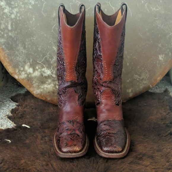 BOULET #2069 hand tooled brown leather square toe cowgirl western boots sz 7 EUC - Picture 9 of 16